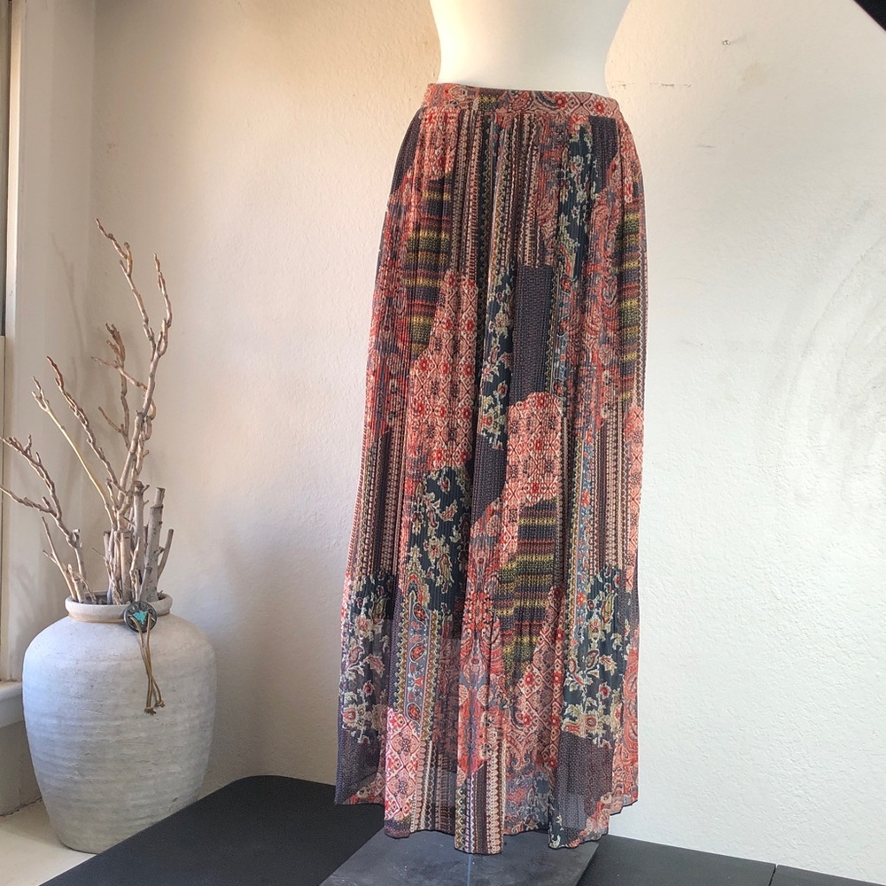 Boho Maxi Chiffon Skirt Patchwork Print Micro Pleat Lined Large LOVELY!